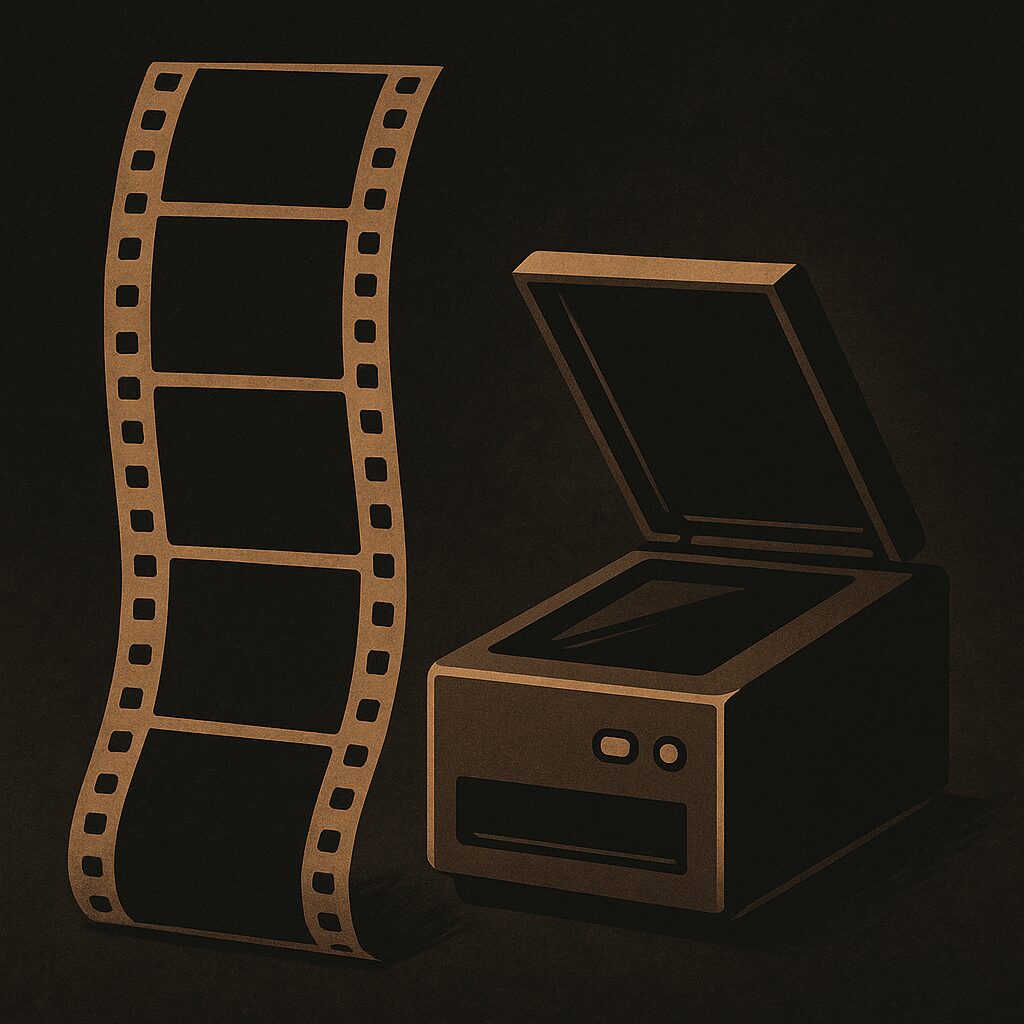 Illustration of negative film scanning equipment and film strip
